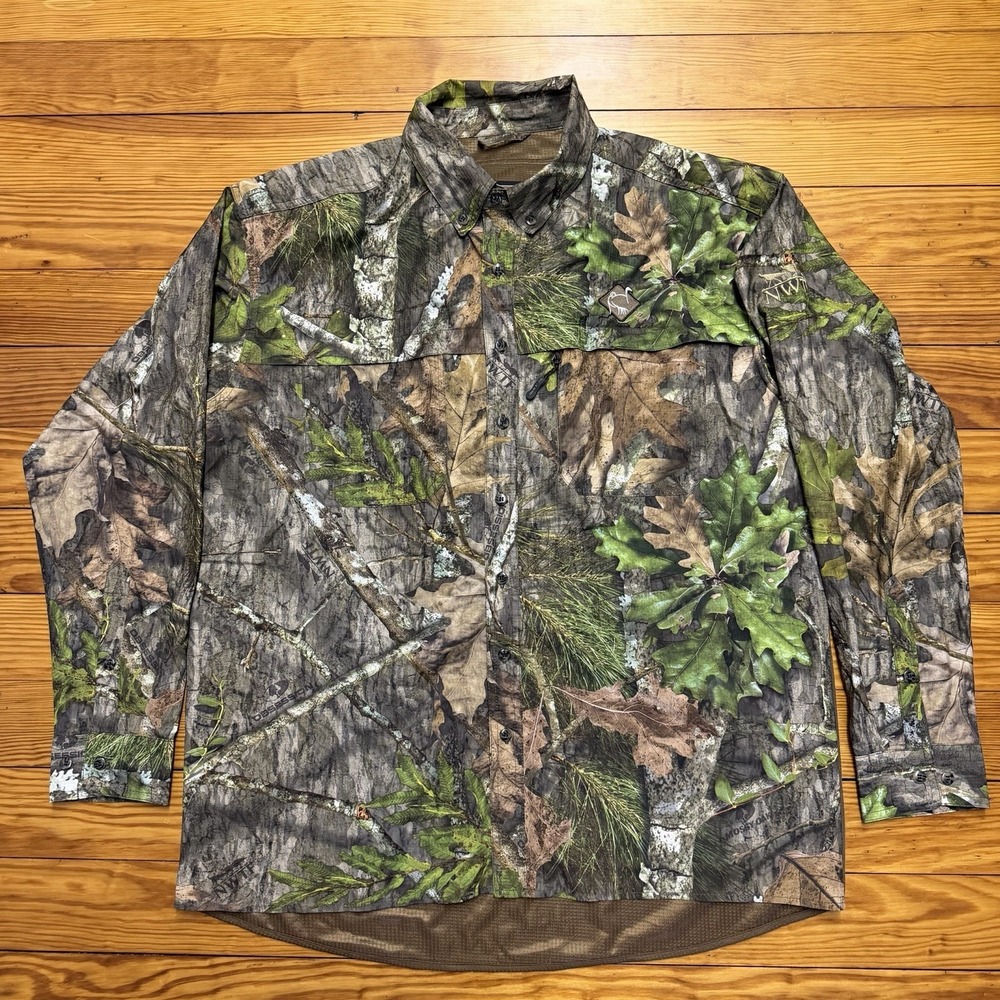 Ol Tom Mossy Oak Obsession NWTF Button Mens L Camo Shirt Hunting Vent Spine Pad